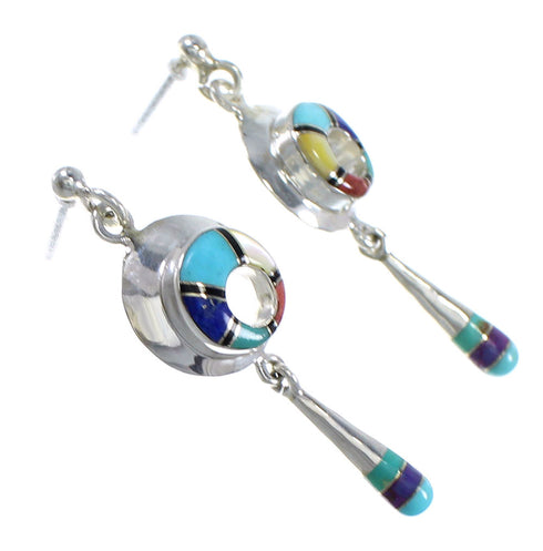 Southwestern Multicolor Inlay Sterling Silver Post Dangle Earrings RX70395