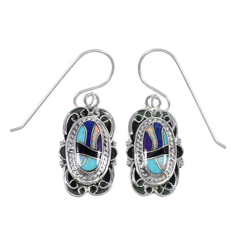 Southwest Sterling Silver Multicolor Inlay Hook Dangle Earrings RX70436
