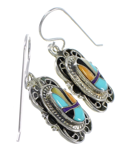 Genuine Sterling Silver Multicolor Inlay Southwest Hook Dangle Earrings RX70441