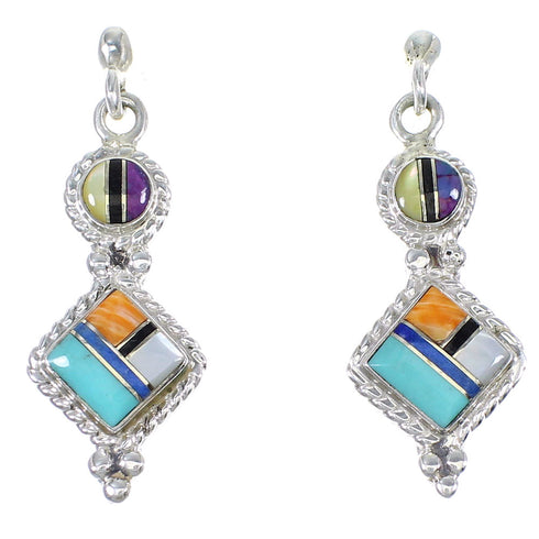 Southwest Authentic Sterling Silver Multicolor Inlay Post Dangle Earrings QX71983