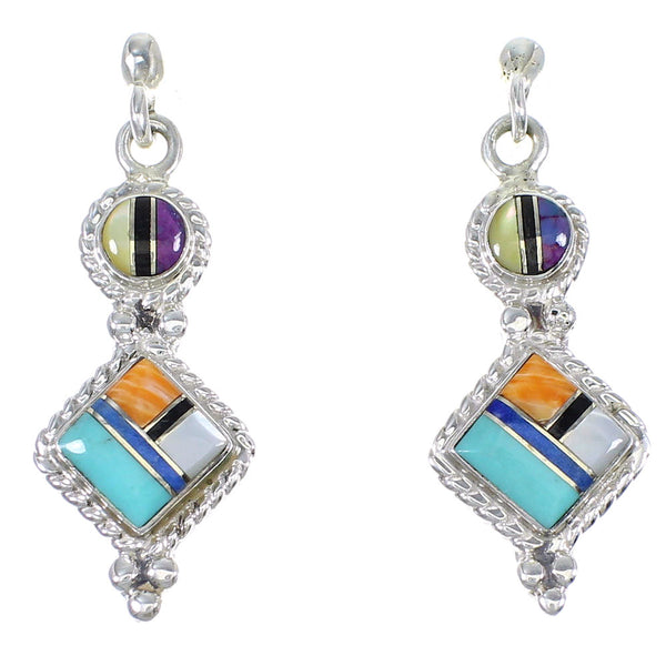 Southwest Authentic Sterling Silver Multicolor Inlay Post Dangle Earrings QX71983