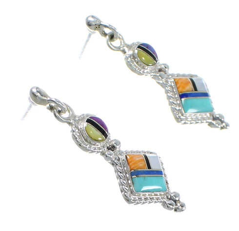 Southwest Authentic Sterling Silver Multicolor Inlay Post Dangle Earrings QX71983