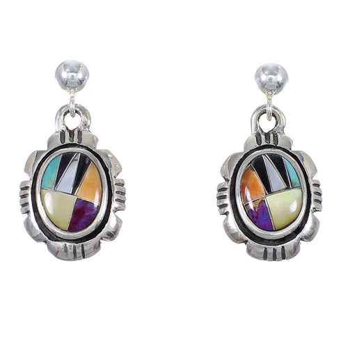 Sterling Silver Multicolor Inlay Southwestern Post Dangle Earrings QX72166