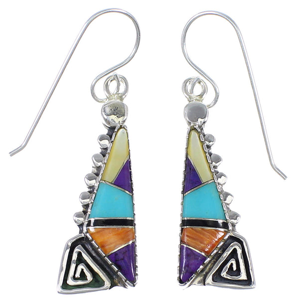 Sterling Silver Water Wave Southwest Multicolor Inlay Hook Dangle Earrings QX72176