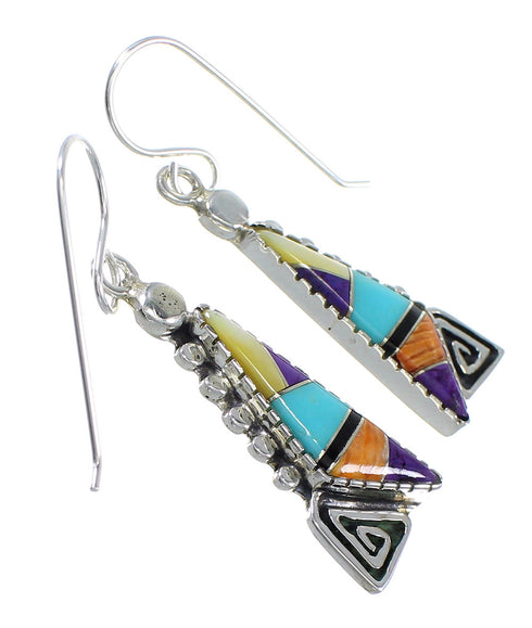 Sterling Silver Water Wave Southwest Multicolor Inlay Hook Dangle Earrings QX72176