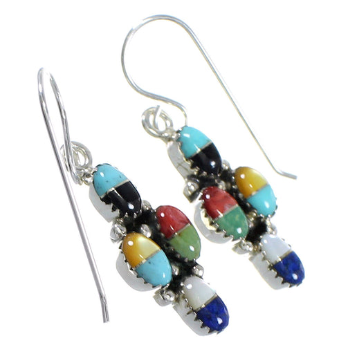 Multicolor Inlay Sterling Silver Southwest Hook Dangle Earrings QX72179