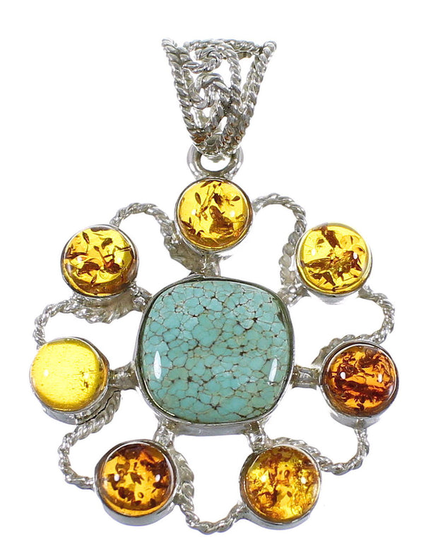 Authentic Sterling Silver Southwestern #8 Turquoise And Amber Pendant QX74154