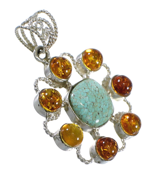 Authentic Sterling Silver Southwestern #8 Turquoise And Amber Pendant QX74154