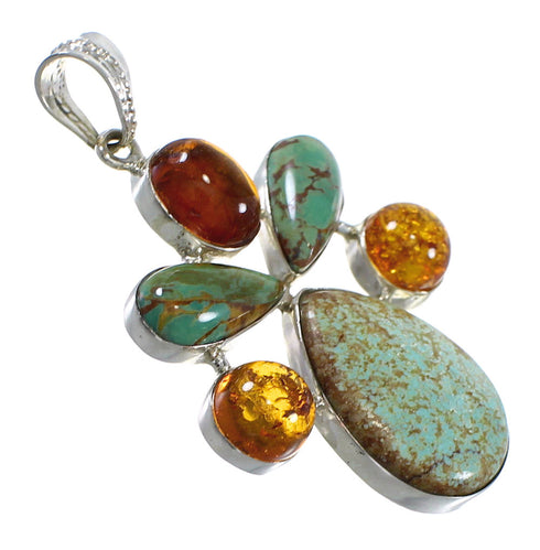 Southwest Authentic Sterling Silver Turquoise And Amber Jewelry Pendant QX74176