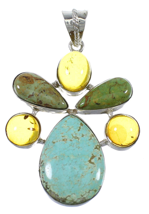 Southwestern Authentic Sterling Silver Turquoise And Amber Jewelry Pendant QX74177