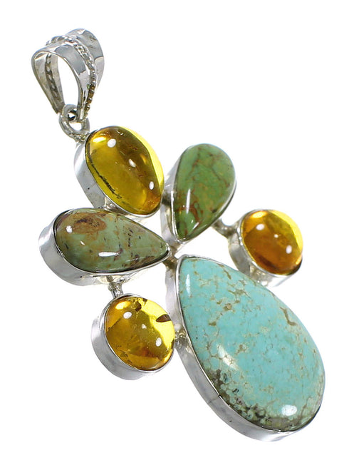 Southwestern Authentic Sterling Silver Turquoise And Amber Jewelry Pendant QX74177