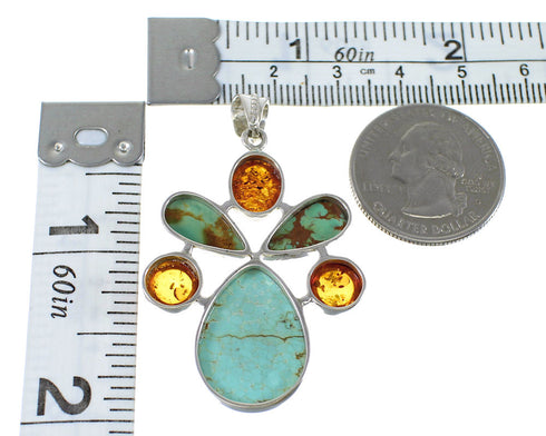 Southwestern Authentic Sterling Silver Turquoise And Amber Jewelry Pendant QX74177