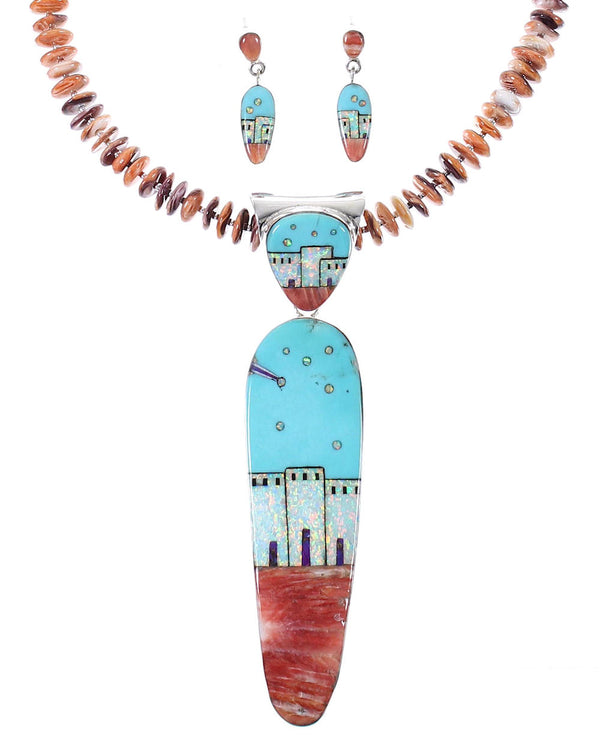 Multicolor Native American Village Pendant And Bead Necklace Set WX77553