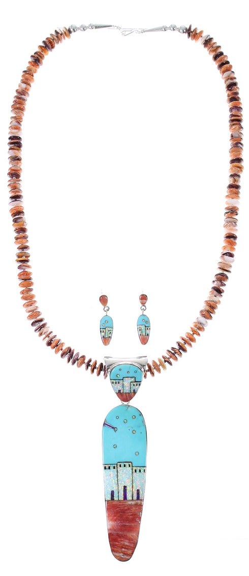 Multicolor Native American Village Pendant And Bead Necklace Set WX77553