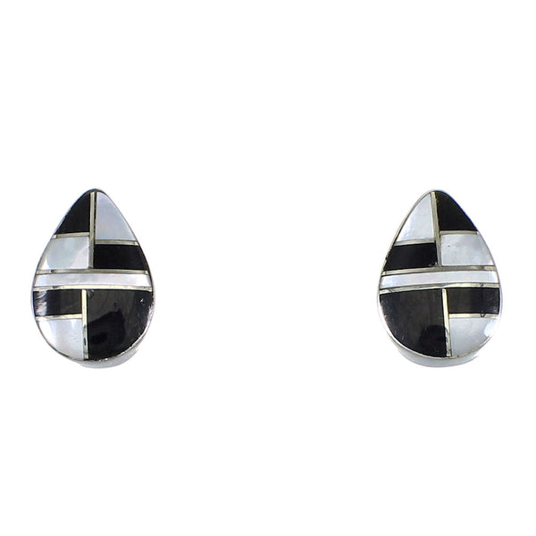 Tear Drop Jet And Mother Of Pearl Southwest Silver Post Earrings QX75463
