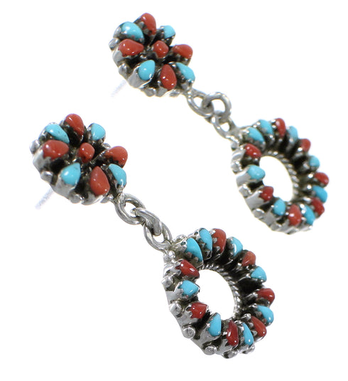 Turquoise And Coral Needlepoint Sterling Silver Post Dangle Earrings WX76251