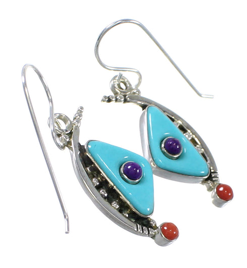 Turquoise Coral Southwest Sterling Silver Hook Dangle Earrings QX76773
