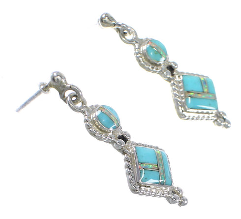 Turquoise Opal Inlay Southwest Authentic Sterling Silver Post Dangle Earrings QX76316