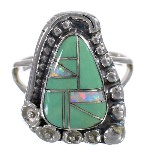 Turquoise Opal And Genuine Sterling Silver Southwestern Flower Ring Size 6-1/4 YX83699