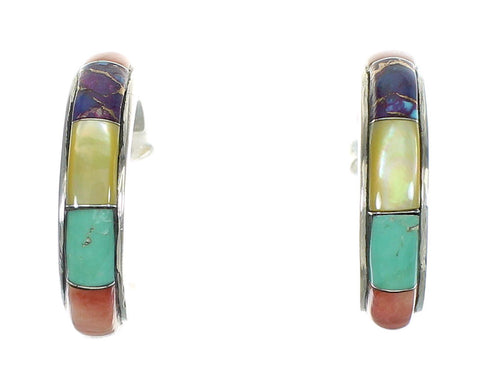Multicolor Inlay Authentic Sterling Silver Post Hoop Earrings RX83352