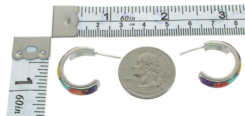 Multicolor Inlay Authentic Sterling Silver Post Hoop Earrings RX83352