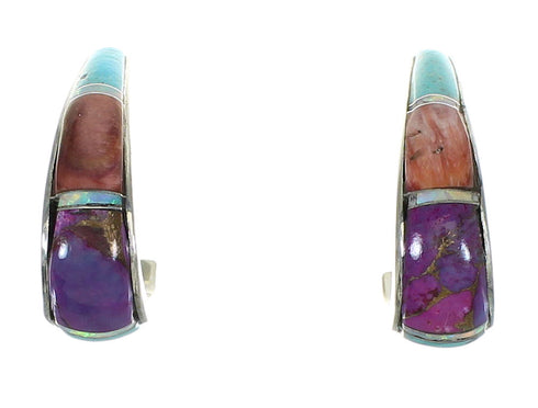 Authentic Sterling Silver Multicolor Inlay Post Hoop Earrings RX83617