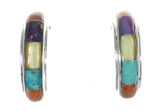 Sterling Silver Multicolor Inlay Post Hoop Earrings RX83824
