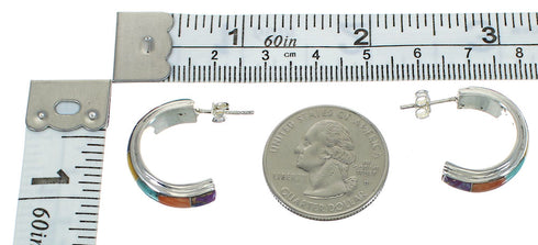 Sterling Silver Multicolor Inlay Post Hoop Earrings RX83824