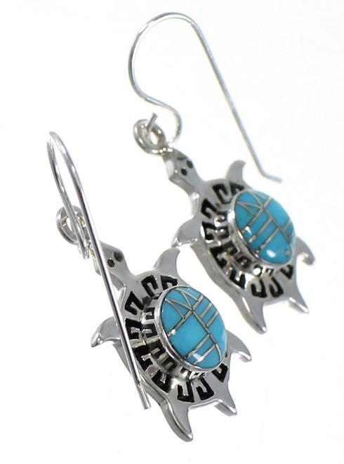 Sterling Silver Turquoise Inlay Turtle Water Wave Hook Dangle Earrings AX87287