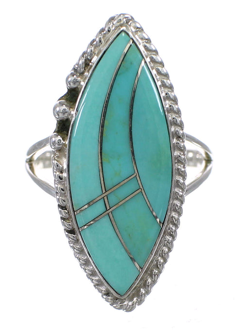 Southwestern Authentic Sterling Silver Jewelry Turquoise Inlay Ring Size 7-1/4 AX88004