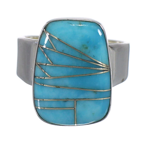 Southwest Turquoise Inlay Sterling Silver Ring Size 8-1/2 AX88026