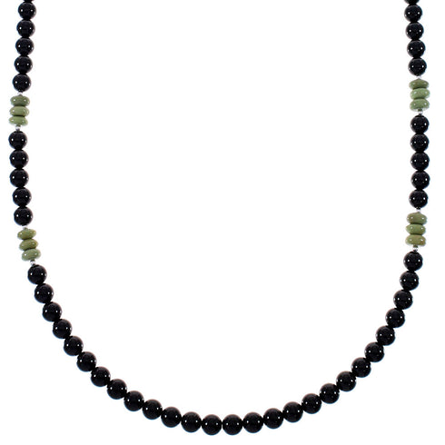 Turquoise And Onyx Authentic Sterling Silver Native American Bead Necklace RX85781