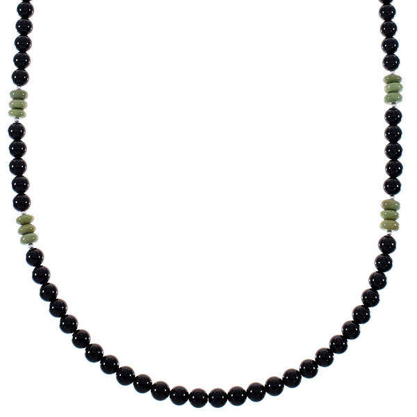 Turquoise And Onyx Authentic Sterling Silver Native American Bead Necklace RX85781