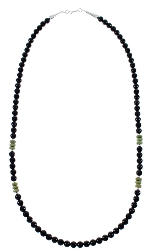 Turquoise And Onyx Authentic Sterling Silver Native American Bead Necklace RX85781