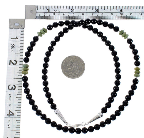 Turquoise And Onyx Authentic Sterling Silver Native American Bead Necklace RX85781