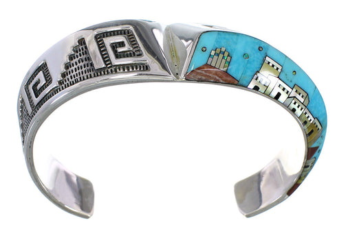 Multicolor Native American Village Design Silver Cuff Bracelet YS66940