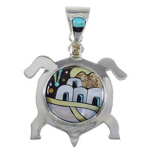 Silver Multistone Native American Design Turtle Pendant HS40870