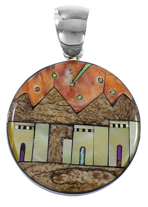 Silver Multicolor Native American Village Design Pendant YS62857