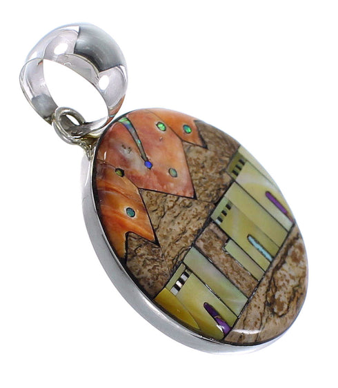 Silver Multicolor Native American Village Design Pendant YS62857