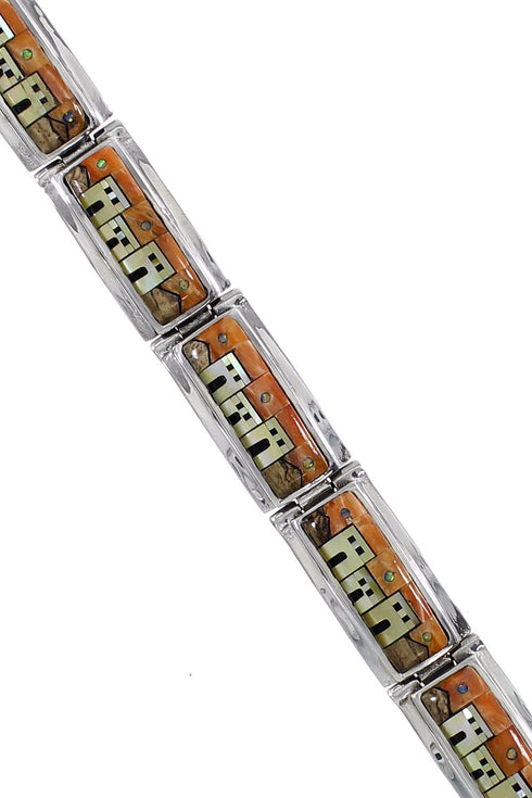 Silver Southwest Native American Village Design Link Bracelet GS62439