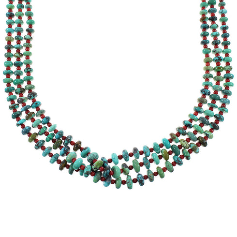 Turquoise And Coral 3-Strand Sterling Silver American Indian Bead Necklace RX99856