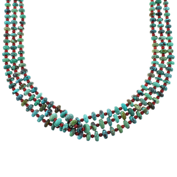 Turquoise And Coral 3-Strand Sterling Silver American Indian Bead Necklace RX99856