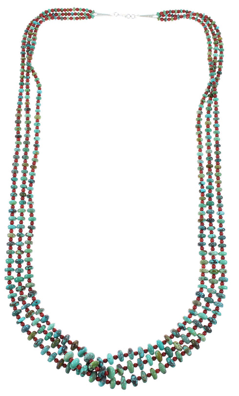 Turquoise And Coral 3-Strand Sterling Silver American Indian Bead Necklace RX99856