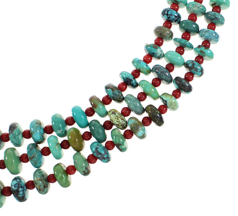 Turquoise And Coral 3-Strand Sterling Silver American Indian Bead Necklace RX99856