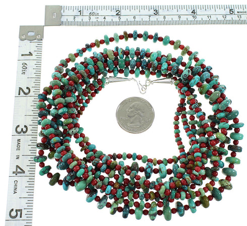 Turquoise And Coral 3-Strand Sterling Silver American Indian Bead Necklace RX99856