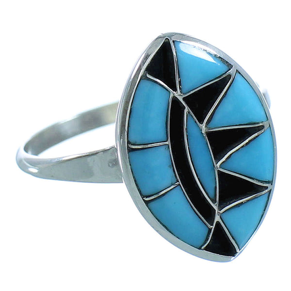Silver Native American Turquoise Inlay Jewelry Ring Size 6-3/4 AX101471