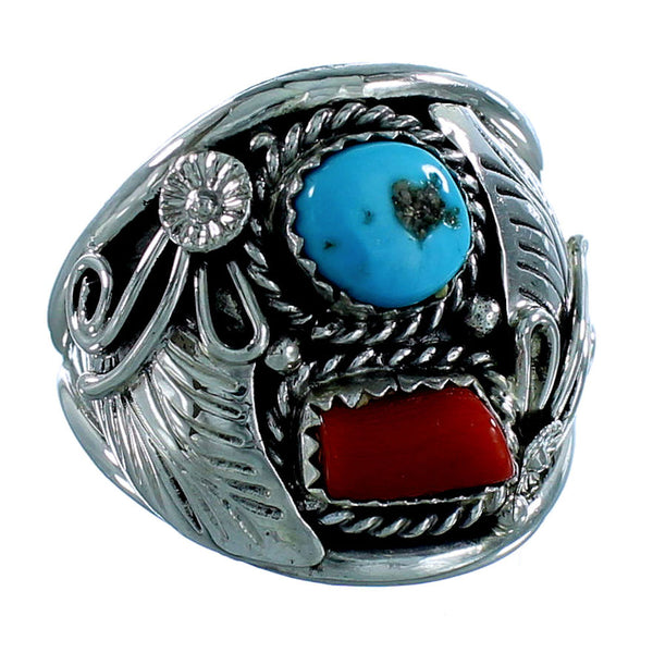 Turquoise And Coral Navajo Indian Sterling Silver Ring Size 12-1/4 SX106580