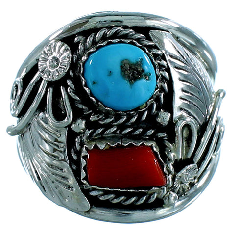 Turquoise And Coral Navajo Indian Sterling Silver Ring Size 12-1/4 SX106580