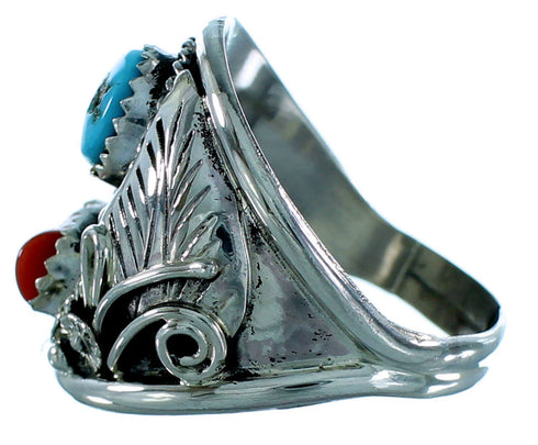 Turquoise And Coral Navajo Indian Sterling Silver Ring Size 12-1/4 SX106580