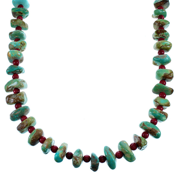 Kingman Turquoise And Coral Sterling Silver Navajo Bead Necklace SX108076